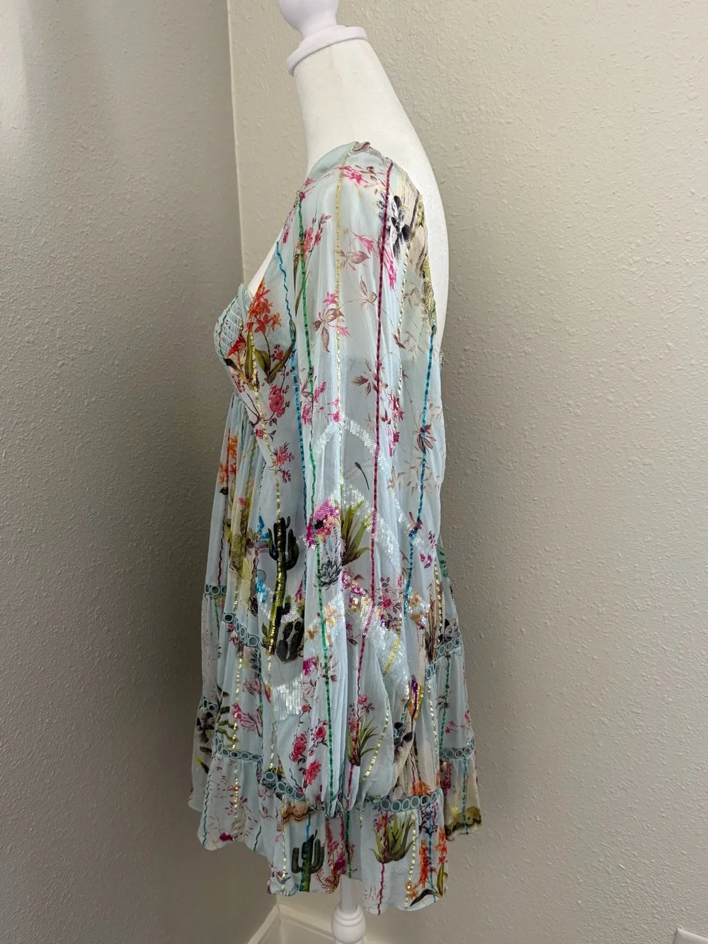 Anthropologie Hemant & Nandita Floral Sequin Off Shoulder Mini Dress XS Boho